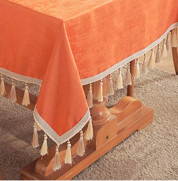 Modern Rectangle Tablecloth, Large Simple Table Cover for Dining Room Table, Orange Fringes Tablecloth for Home Decoration, Square Tablecloth for Round Table-LargePaintingArt.com