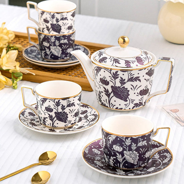 British Traditional Afternoon Tea Cup Set of 4 cups, 8 oz Ceramic Coffee Cup with Saucer in Gift Box, Porcelain Tea Cup and Saucer Set with Teapot-LargePaintingArt.com