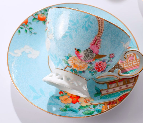 Beautiful Bird Pattern Tea Cups, 8 oz Porcelain Tea Cup Saucer Set of 2 Cups, Elegant Oriental Pheasant Ceramic Cup and Saucer in Gift Box-LargePaintingArt.com