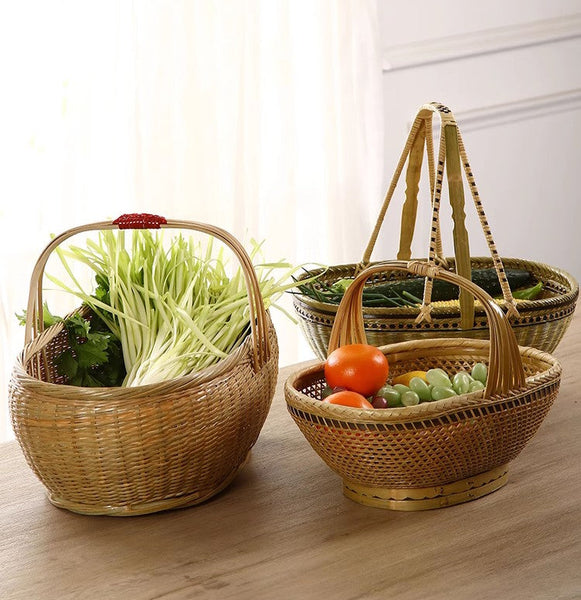 Natural Hand-woven Bamboo Basket, Extra Large Picnic Food Basket with Handle, Lovely Bamboo Baskets for Vegetable, Natural Fruit Basket Kitchen Storage Baskets-LargePaintingArt.com