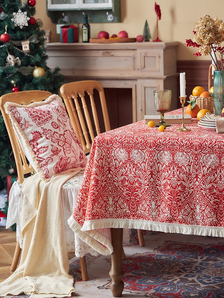 Large Fiberflax Rectangle Tablecloth for Home Decoration, Red Flower Pattern Tablecloth for Holiday Decoration, Square Tablecloth for Round Table-LargePaintingArt.com
