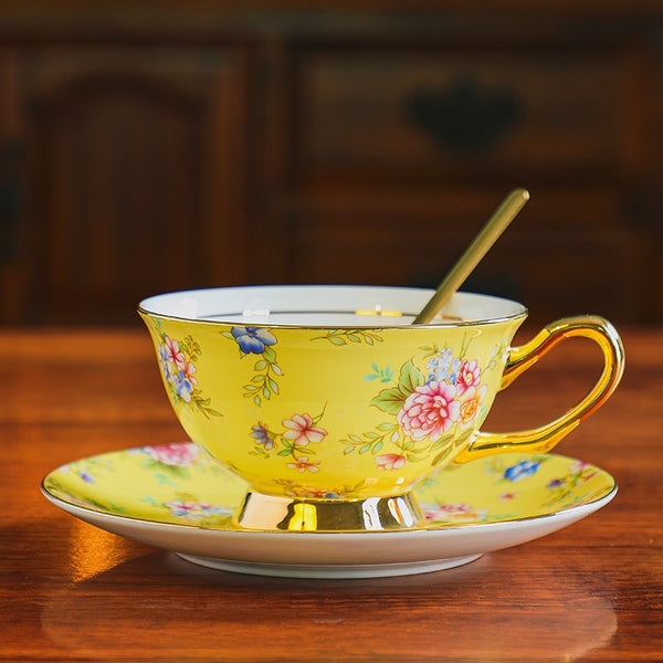 Ceramic Coffee Cup with Saucer, Traditional English Tea Cup and Saucer Set, Floral Porcelain Tea Cup and Saucer Set, Afternoon British Tea Cup with Saucer-LargePaintingArt.com