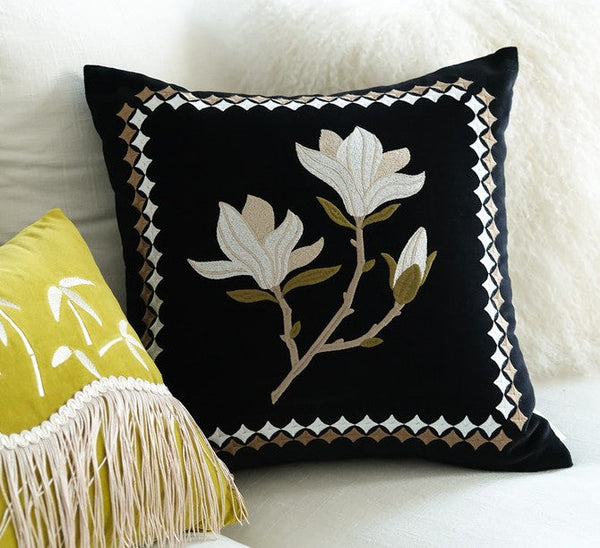 Decorative Pillow Arrangement Ideas for Couch, Magnolia Embroidered Cushion, Large Decorative Pillows for Couch, Modern Throw Pillows for Bedroom, Living Room Decorative Pillows-LargePaintingArt.com
