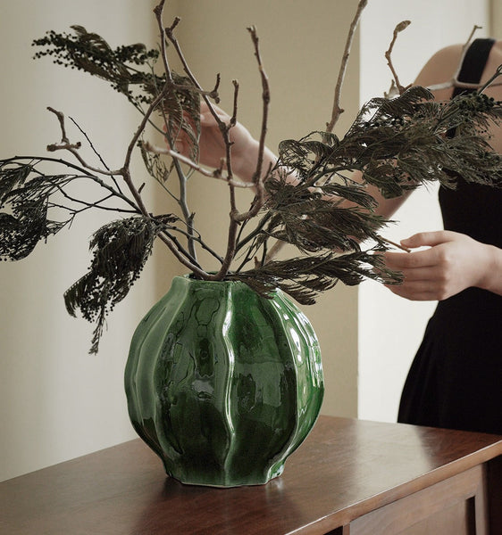 Handmade Modern Flower Vase, Centerpiece Ceramic Bouquet Vases, Large Contemporary Vases on Dining Table, Green Porcelain Vases for Modern Home Decor-LargePaintingArt.com