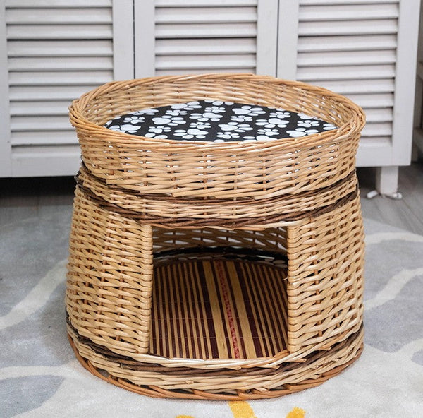 Large Double-Layer Cat Bed, Wicker Cat House Basket with Washable Cushion for Indoor Cats and Dogs-LargePaintingArt.com