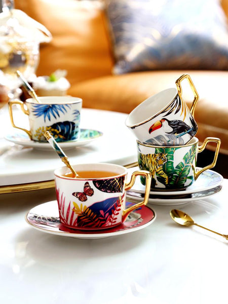 Elegant Tea Cups and Saucers, Jungle Toucan Pattern Porcelain Coffee Cups, Coffee Cups with Gold Trim and Gift Box-LargePaintingArt.com