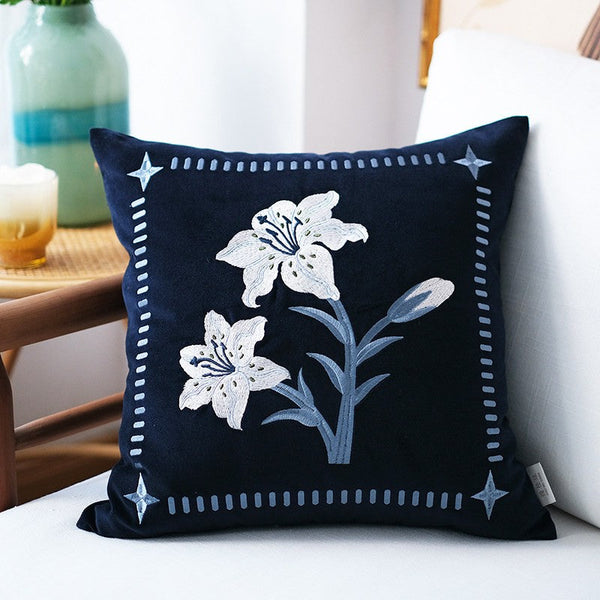 Dark Blue Lily Embroidered Cushion, Living Room Decorative Pillows, Decorative Pillow Arrangement Ideas for Couch, Large Decorative Pillows for Couch, Modern Throw Pillows for Bedroom-LargePaintingArt.com