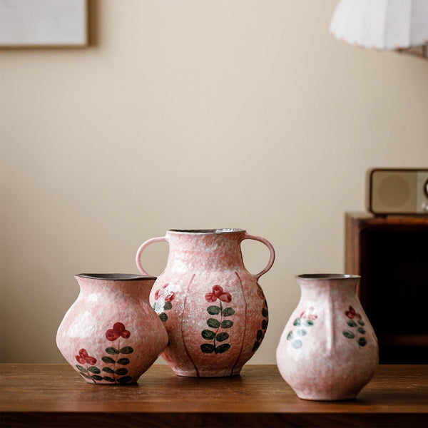 Handmade Water Holding Flower Vases, Rustic Pottery Flower Vases, Small Flower Vases on Table, Pink Bud Vases-LargePaintingArt.com