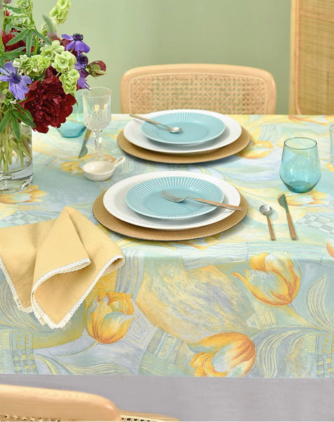 Country Farmhouse Tablecloth, Extra Large Rectangle Tablecloth for Dining Room Table, Tulip Flowers Rustic Table Covers for Kitchen, Square Tablecloth for Round Table-LargePaintingArt.com