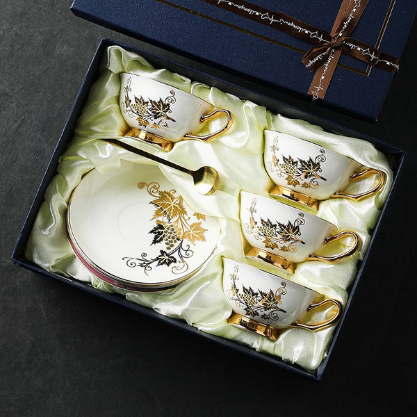 Elegant British Ceramic Coffee Cups, 7.4 oz Golden Leaves and Grapes Porcelain Tea Cup Saucer Set, Unique British Tea Cup and Saucer in Gift Box-LargePaintingArt.com