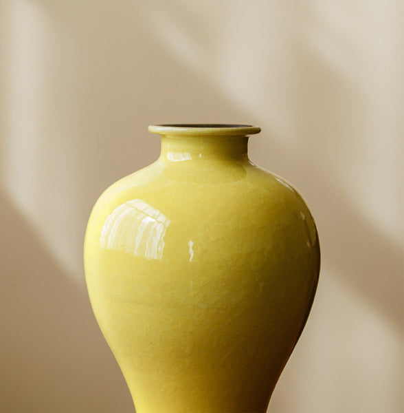 Porcelain Flower Vases, Handmade Water Holding Flower Vase, Yellow Flower Vases on Table, Ceramic Bud Vases-LargePaintingArt.com