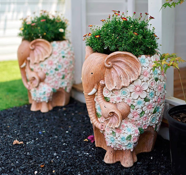 Beautiful Elephant Flowerpot, Modern Garden Flower Pot, Unique Animal Statue for Garden Ornaments, Resin Statue for Garden, Villa Outdoor Decor Gardening Ideas-LargePaintingArt.com