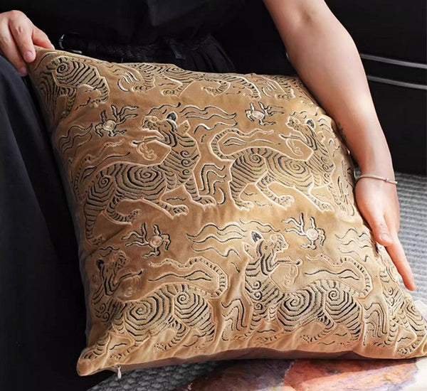 Contemporary Modern Sofa Pillows, Embroidery Tiger Pattern Pillows for Couch, Decorative Throw Pillows for Bedroom, Large Modern Sofa Pillow for Living Room-LargePaintingArt.com