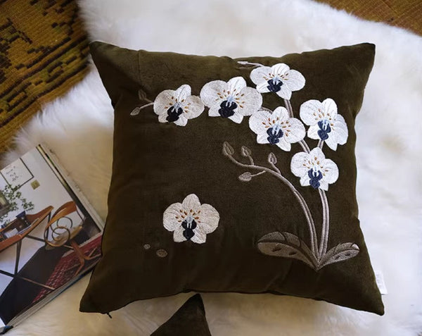Dark Olive Green Embroidered Moth Orchid Cushion, Large Decorative Pillows for Couch, Decorative Pillow Arrangement Ideas for Couch, Living Room Decorative Pillows, Modern Throw Pillows for Bedroom-LargePaintingArt.com