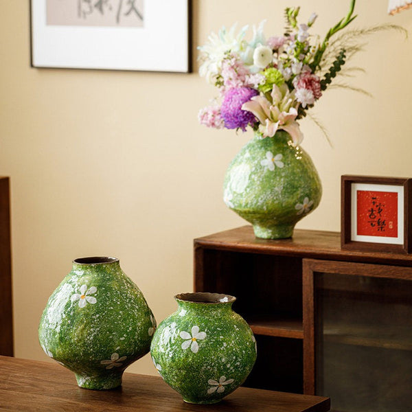Centerpiece on Dining Table, Handmade Water Holding Flower Vases, Modern Pottery Flower Vases, Pottery Bud Vases, Large Green Flower Vases on Table-LargePaintingArt.com