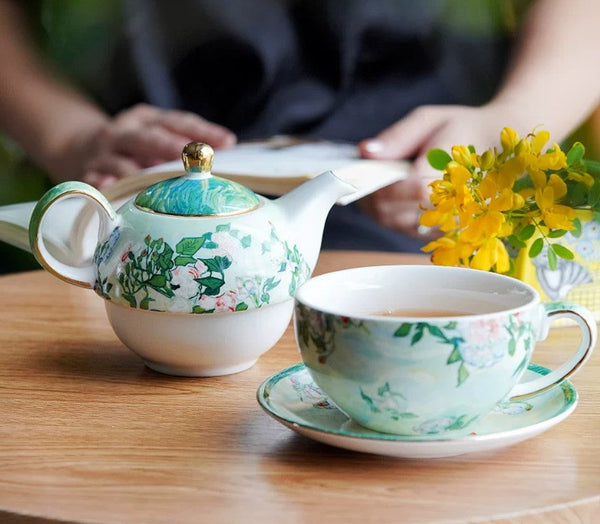 Ceramic Tea Pot with Integrated Cup, Mother-and-Baby Teapot with Matching Saucer, Vintage Style Stackable Tea Pot Set, English Style Tea Pot and Cup Set-LargePaintingArt.com