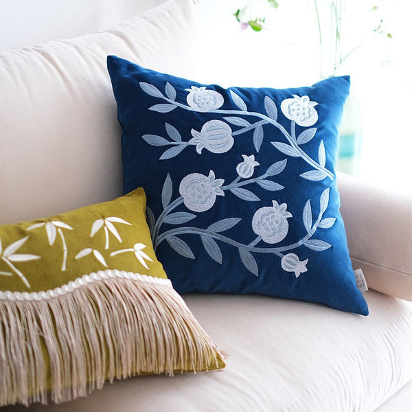 Large Decorative Pillows for Couch, Living Room Decorative Pillows, Blue Embroidered Pomegranate Cushion, Modern Throw Pillows for Bedroom, Decorative Pillow Arrangement Ideas for Couch-LargePaintingArt.com