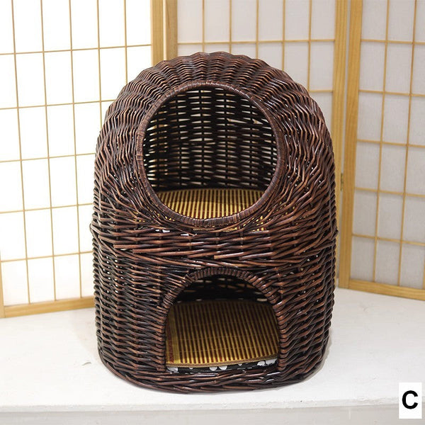 Large Double-Layer Cat Bed, Wicker Cat House Basket with Washable Cushion for Indoor Cats and Dogs-LargePaintingArt.com