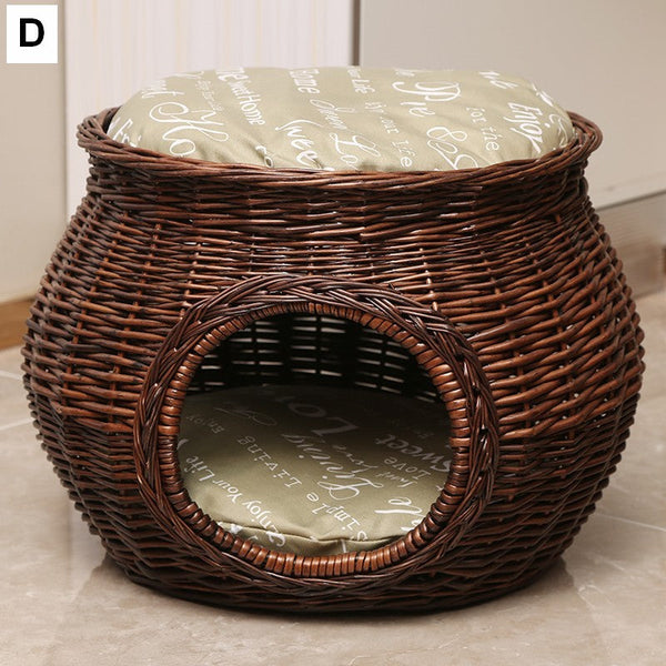 Wicker Cat House Basket with Washable Cushion for Indoor Cats and Dogs, Rattan Cat Bed-LargePaintingArt.com