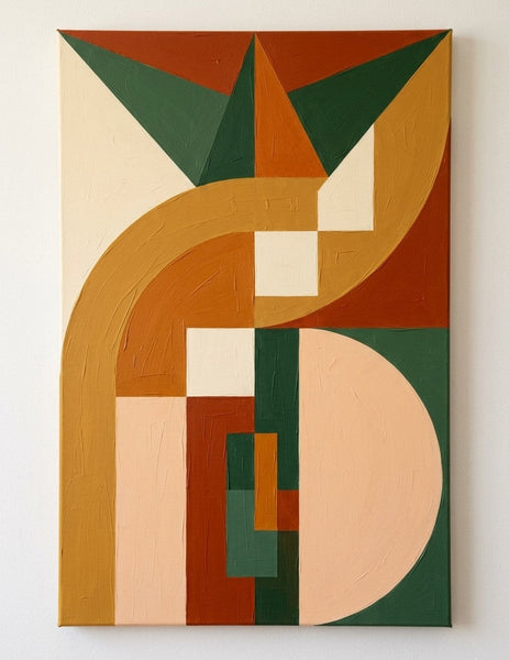 Extra Large Modern Canvas Art, Yellow, Dark Green, Brown- Red, Warm Earth Tones Geometric Pattern Abstract Artwork, Abstract Wall Art Paintings-LargePaintingArt.com