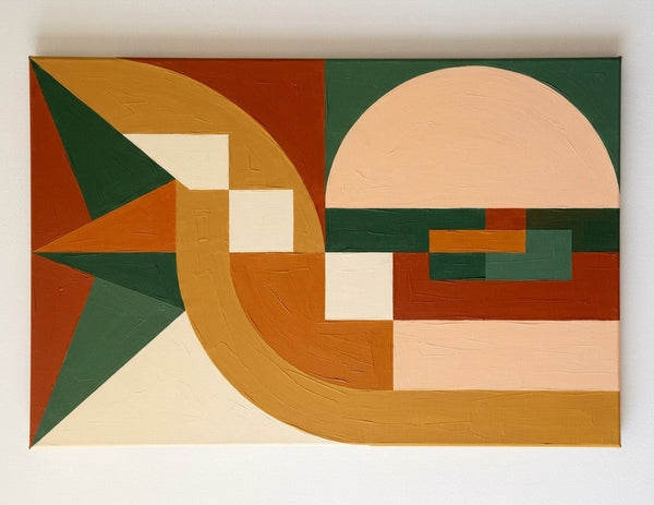 Extra Large Modern Canvas Art, Yellow, Dark Green, Brown- Red, Warm Earth Tones Geometric Pattern Abstract Artwork, Abstract Wall Art Paintings-LargePaintingArt.com