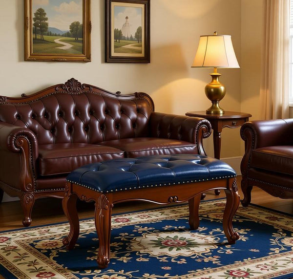 Vintage Blue Leather Stool, Genuine Leather Solid Wood Entry Bench, Rubber Wood Footstool, Farmhouse Entryway Bench, Leather Lounge Chair Modern, Dressing Table Stool-LargePaintingArt.com