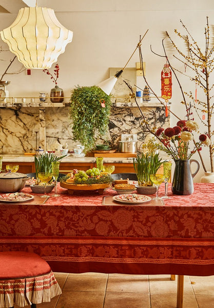 Long Rectangle Tablecloth for Dining Room Table, Christmas Table Cloth, Wedding Tablecloth, Red Flower Pattern Tablecloth for Home Decoration, Square Tablecloth-LargePaintingArt.com
