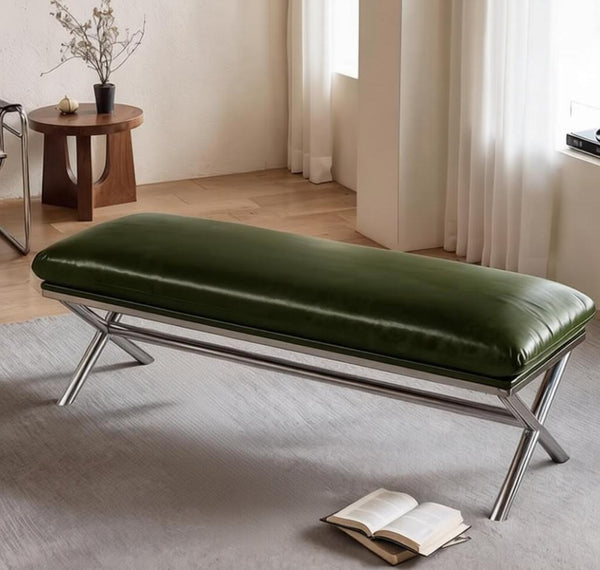 Luxury Genuine Leather Entry Bench, Upholstered Shoe Bench, Contemporay Bedroom Bench, Narrow Entryway Bench, Modern Shoe Changing Ottoman, Mid-Century Hall Bench-LargePaintingArt.com