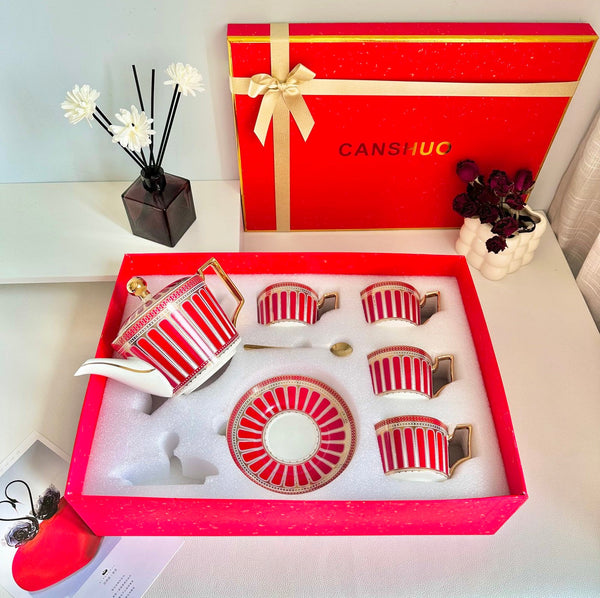 Modern Ceramic Coffee Cups, 7.4 oz Red Tea Cup and Saucer Set of 4 cups with Teapot in Gift Box, Porcelain Tea Cup and Saucer Set-LargePaintingArt.com