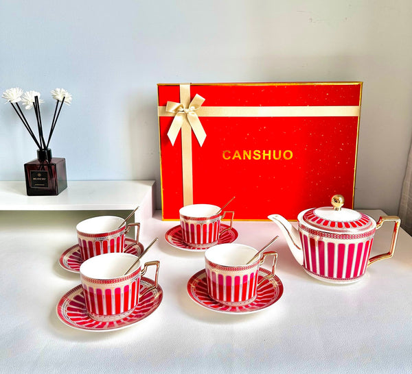 Modern Ceramic Coffee Cups, 7.4 oz Red Tea Cup and Saucer Set of 4 cups with Teapot in Gift Box, Porcelain Tea Cup and Saucer Set-LargePaintingArt.com