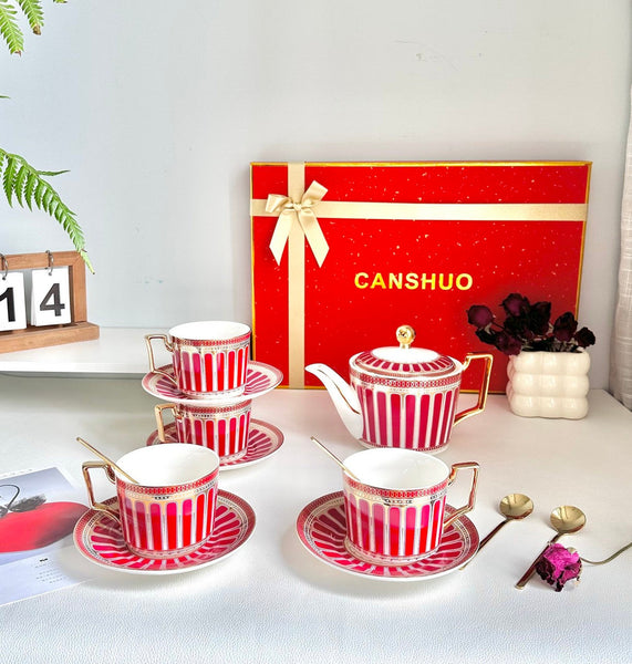 Modern Ceramic Coffee Cups, 7.4 oz Red Tea Cup and Saucer Set of 4 cups with Teapot in Gift Box, Porcelain Tea Cup and Saucer Set-LargePaintingArt.com