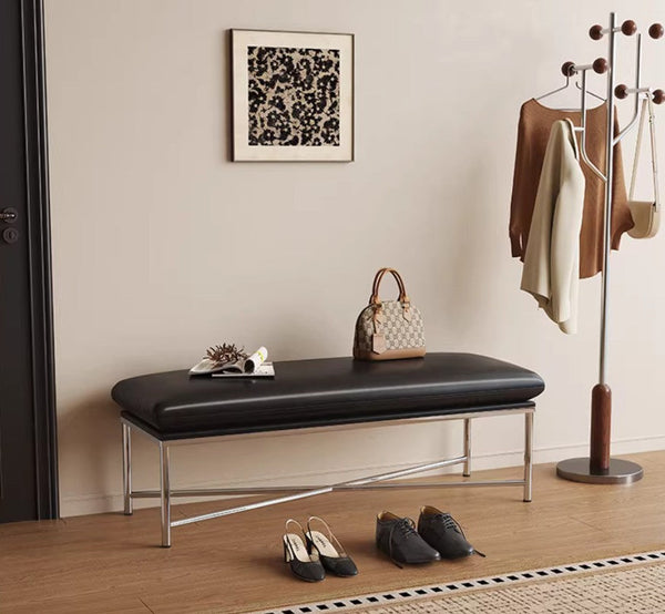 Modern Shoe Changing Ottoman, Upholstered Shoe Bench, Contemporay Bedroom Bench, Narrow Entryway Bench, Mid-Century Hall Bench, Luxury Genuine Leather Entry Bench-LargePaintingArt.com