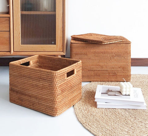 Rattan Rectangular Storage Basket with Lid, Extra Large Storage Baskets for Clothes, Storage Baskets for Bedroom, Woven Storage Baskets for Living Room-LargePaintingArt.com