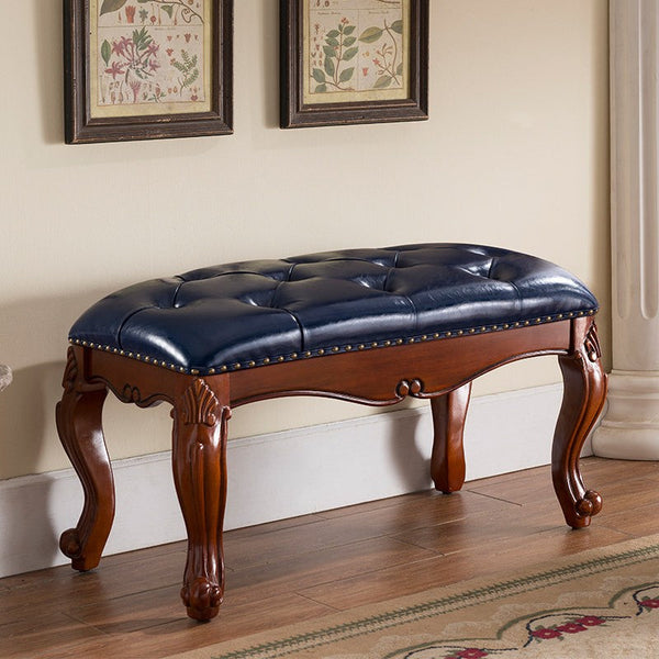 Vintage Blue Leather Stool, Genuine Leather Solid Wood Entry Bench, Rubber Wood Footstool, Farmhouse Entryway Bench, Leather Lounge Chair Modern, Dressing Table Stool-LargePaintingArt.com