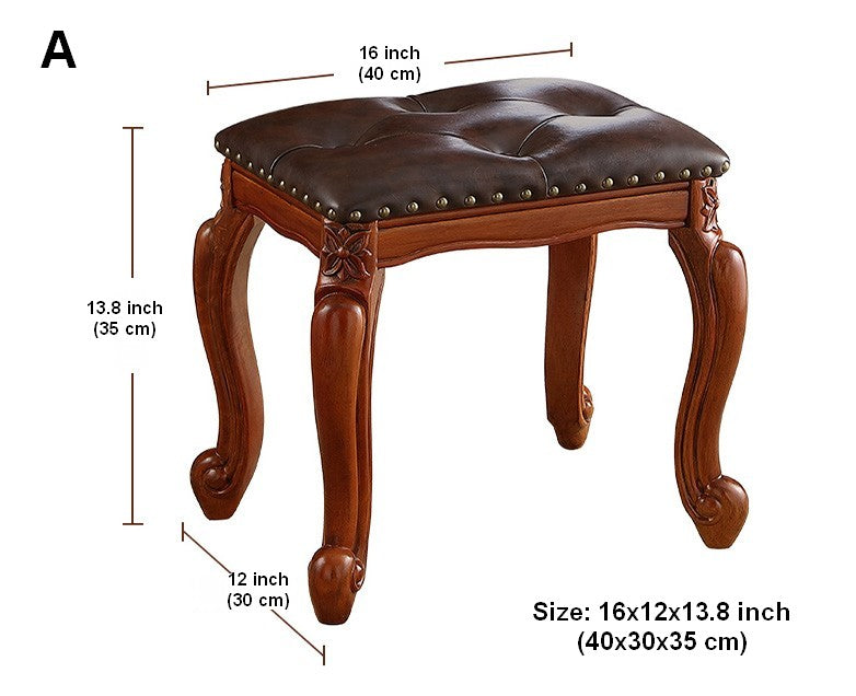Rubberwood Entry Bench, Vanity Stool, Genuine Leather Solid Wood Entry Bench, Vintage Entry Stool, Solid Wood Ottoman-LargePaintingArt.com