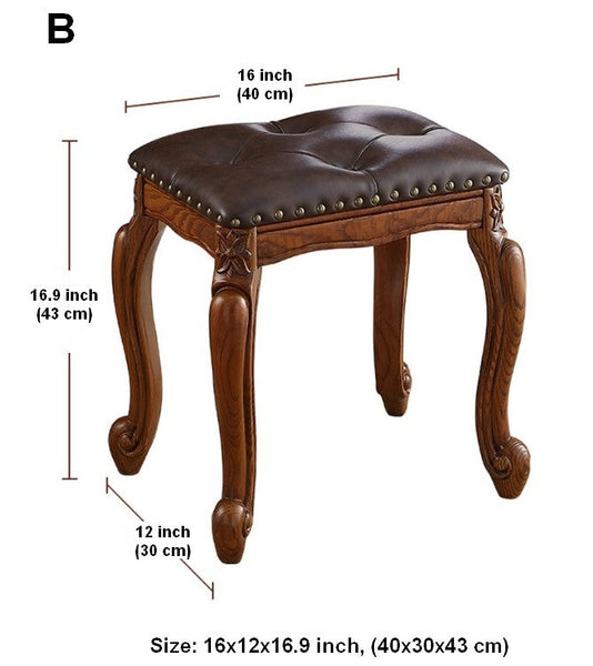 Rubberwood Entry Bench, Vanity Stool, Genuine Leather Solid Wood Entry Bench, Vintage Entry Stool, Solid Wood Ottoman-LargePaintingArt.com