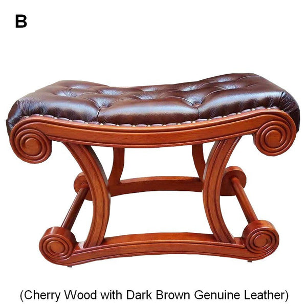 Cherry Wood Footstool, Vintage Leather Stool, Genuine Leather Solid Wood Entry Bench, Long Bench, Vanity Stool, Dressing Table Stool-LargePaintingArt.com