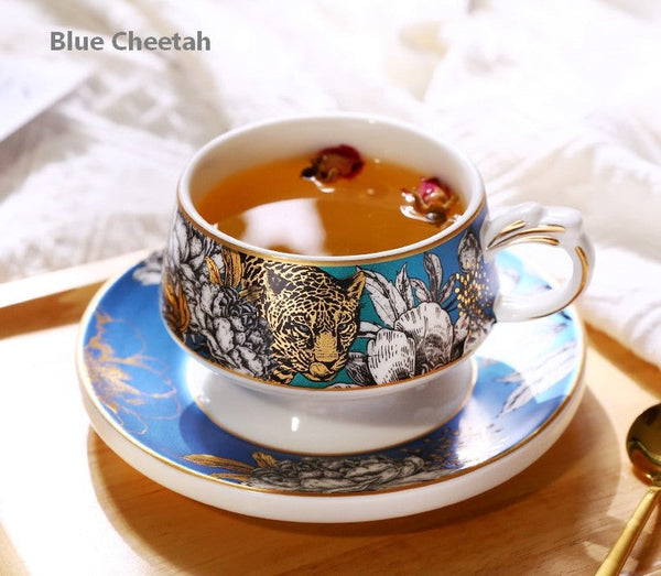 Unique Ceramic Cups with Gold Trim and Gift Box, Creative Ceramic Tea Cup and Saucer, Jungle Tiger Cheetah Porcelain Coffee Cups-LargePaintingArt.com