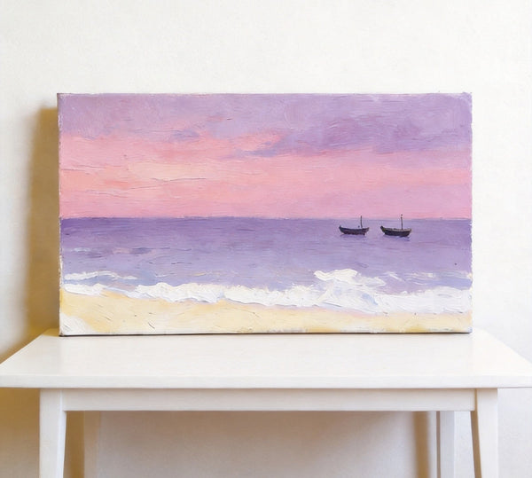 Original Seascape Paintings, Small Canvas Paintings, Sunset Paintings, Silence of the Twilight Sea, Hand Painted Canvas Wall Art-LargePaintingArt.com