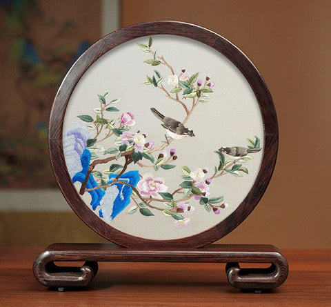 Premium Souvenir, Silk Embroidered Ornament, Exclusive Business Presents, Creative Birthday Gift, Traditional Chinese Suzhou Flower and Birds Embroidery Ornaments-LargePaintingArt.com
