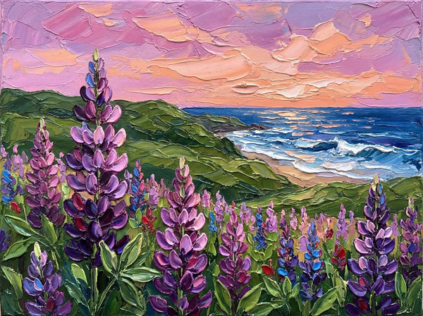 Simple Painting Ideas, Lupines in Bloom by the Sea, Landscape Canvas Paintings, Impasto Wall Art Paintings, Original Oil Paintings, Small Wall Art on Canvas-LargePaintingArt.com