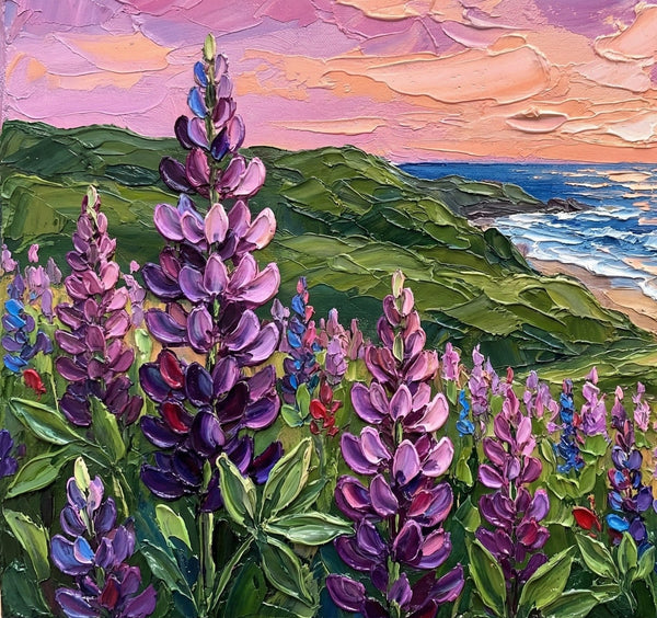 Simple Painting Ideas, Lupines in Bloom by the Sea, Landscape Canvas Paintings, Impasto Wall Art Paintings, Original Oil Paintings, Small Wall Art on Canvas-LargePaintingArt.com