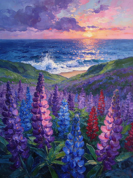 Lupines in Bloom by the Sea, Impasto Paintings, Original Small Paintings, Small Oil Paintings, Small Wall Paintings, Landscape Artwork Canvas Paintings-LargePaintingArt.com