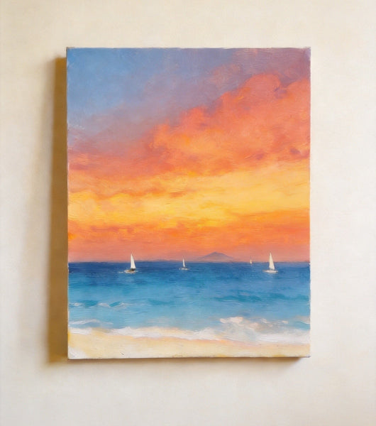 Hand Painted Canvas Artwork, Original Oil Paintings, Sunset Sail on the Horizon, Original Seascape Paintings, Buy Small Paintings Online-LargePaintingArt.com