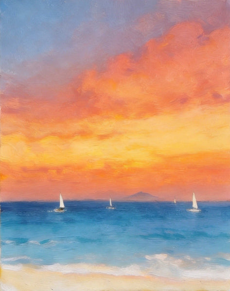 Hand Painted Canvas Artwork, Original Oil Paintings, Sunset Sail on the Horizon, Original Seascape Paintings, Buy Small Paintings Online-LargePaintingArt.com