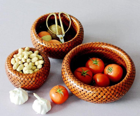 Farmhouse Small Storage Basket, Woven Snacks Basket, Bamboo Storage Basket, Round Storage Basket for Kitchen, Set of 3-LargePaintingArt.com