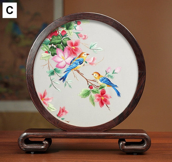 Silk Embroidered Ornament, Traditional Chinese Suzhou Flower and Birds Embroidery Ornaments, Exclusive Business Presents, Creative Birthday Gift, Premium Souvenir-LargePaintingArt.com