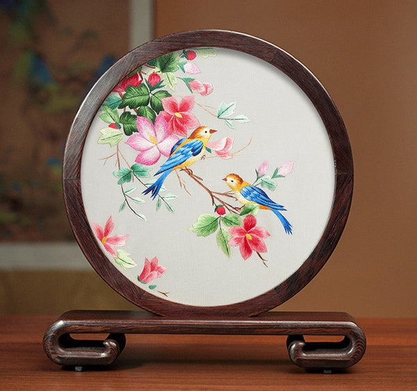 Silk Embroidered Ornament, Traditional Chinese Suzhou Flower and Birds Embroidery Ornaments, Exclusive Business Presents, Creative Birthday Gift, Premium Souvenir-LargePaintingArt.com