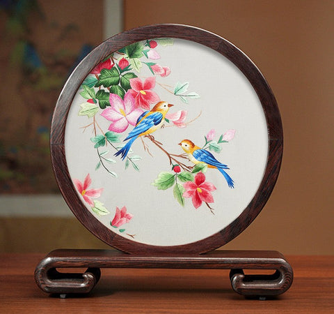 Silk Embroidered Ornament, Traditional Chinese Suzhou Flower and Birds Embroidery Ornaments, Exclusive Business Presents, Creative Birthday Gift, Premium Souvenir-LargePaintingArt.com
