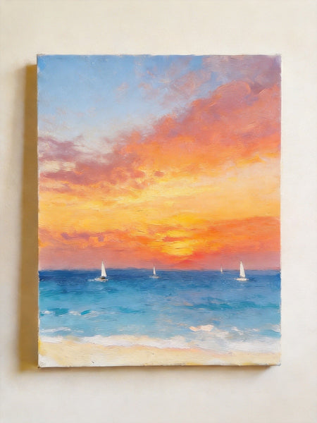 Original Oil Paintings, Sunset Sail on the Horizon, Original Seascape Paintings, Hand Painted Canvas Artwork, Buy Small Paintings Online-LargePaintingArt.com
